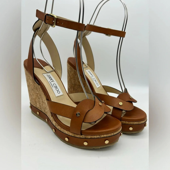 $795 Jimmy Choo Women's Cognac Drya Studded Wedge Sandal Shoes Size EU 38 - Picture 6 of 16